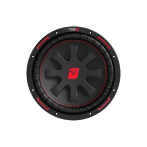 Black and red car audio subwoofer speaker.