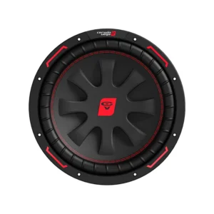 Black and red car audio subwoofer speaker.