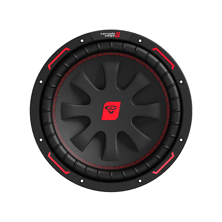 Black and red car audio subwoofer speaker.