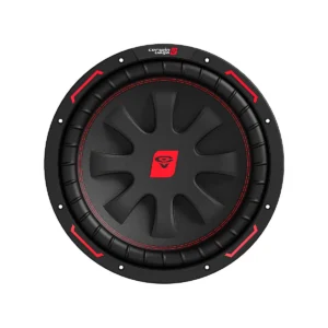 Black and red car audio subwoofer speaker.