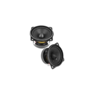 Two black round audio speakers isolated.