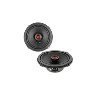 Car speakers with red accents, black background.
