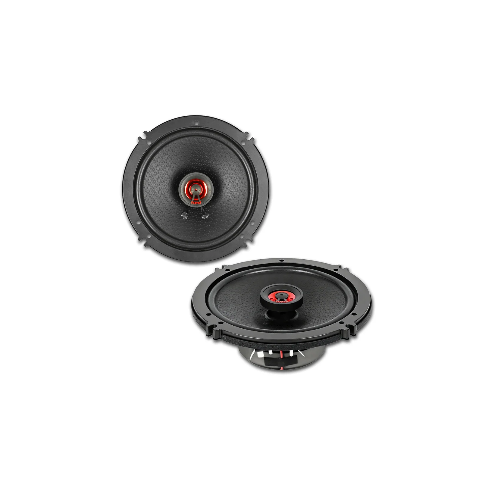 Car speakers with red accents, black background.