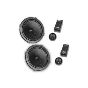 Two car audio speakers with components.