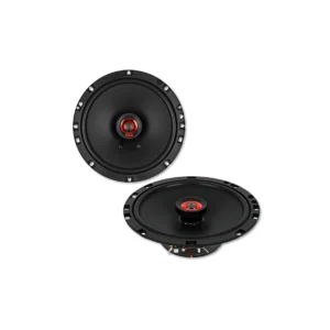 Round black car audio speakers, two views.
