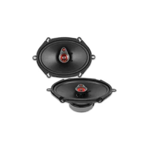 Oval car speakers with red accents.