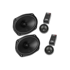 Car speakers and components set on display.