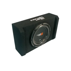 Car subwoofer speaker in black enclosure box.