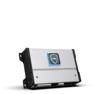 Silver electronic device with illuminated blue logo.
