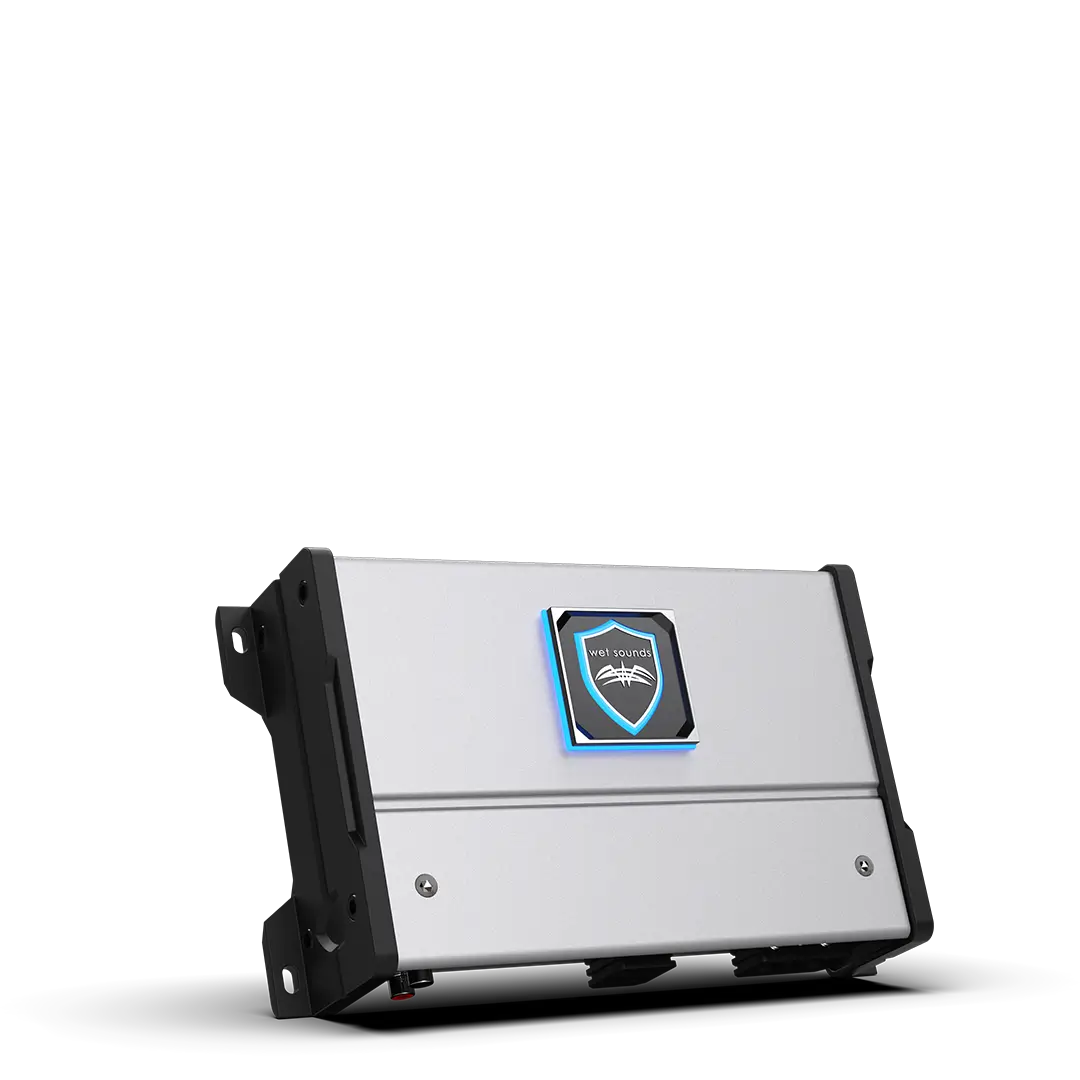 Silver electronic device with illuminated blue logo.