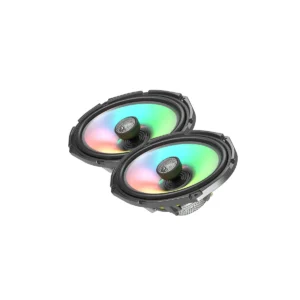 Colorful LED car speakers on display.