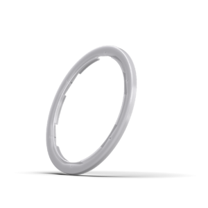 White circular object on black background.
