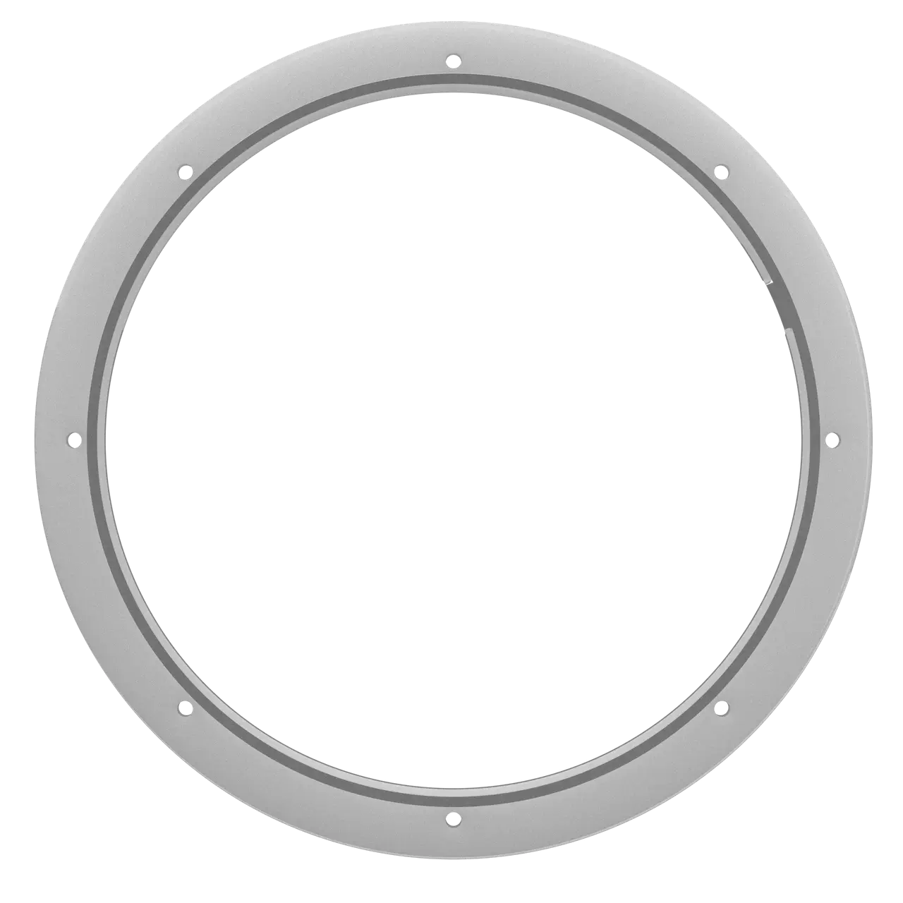 Silver metal ring with bolt holes.