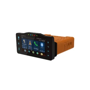 Vehicle radio with touchscreen and control buttons.