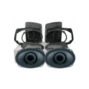 Car speakers with mounting frames displayed.