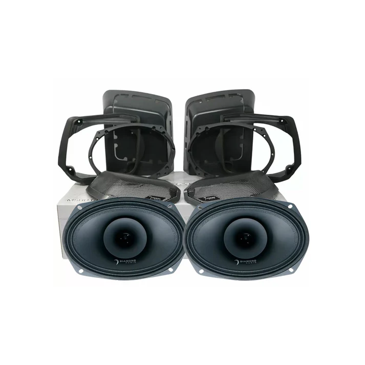 Car speakers with mounting frames displayed.