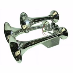 Three chrome air horns with mounting bracket.