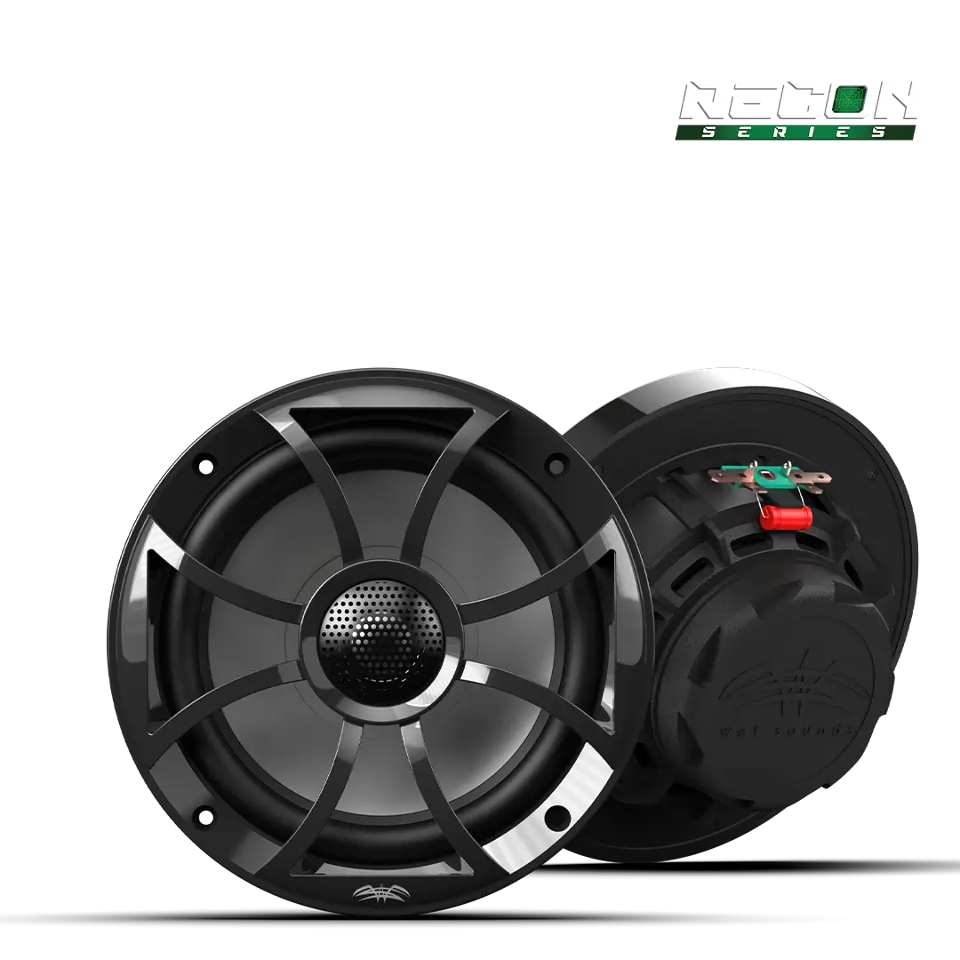 Two black Recon series audio speakers.