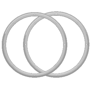 Two interlocking silver rings on black background.