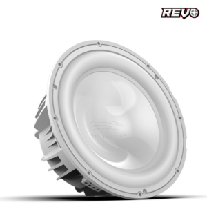 White subwoofer speaker on black background.