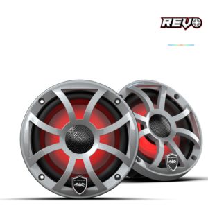 Two silver speakers with red lighting.