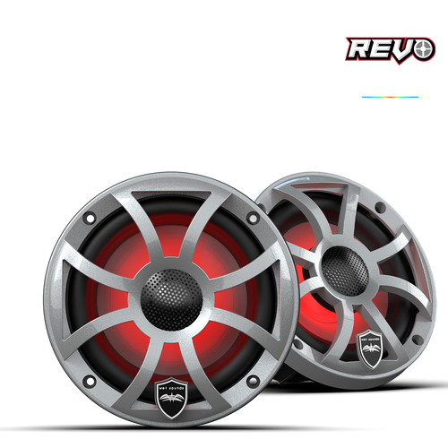 Two silver speakers with red lighting.