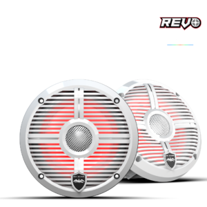 White speakers with red LED lighting.