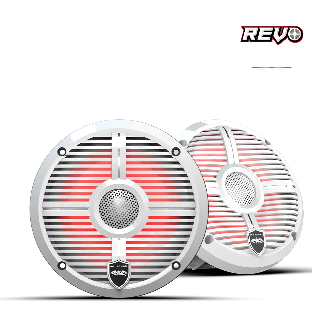 White speakers with red LED lighting.