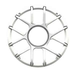 Silver wheel rim on black background.
