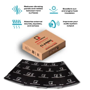 Soundproofing material with packaging and benefits listed.