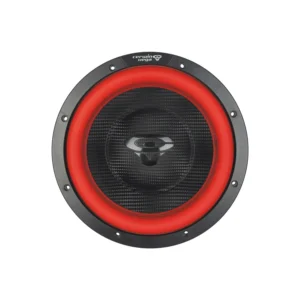 Red and black round audio speaker.