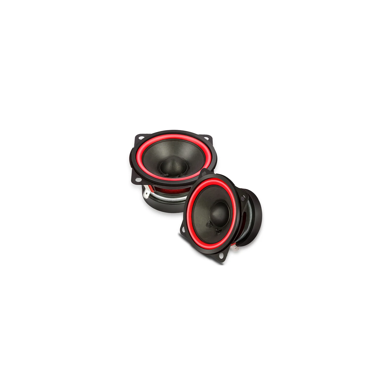Two black and red audio speakers.