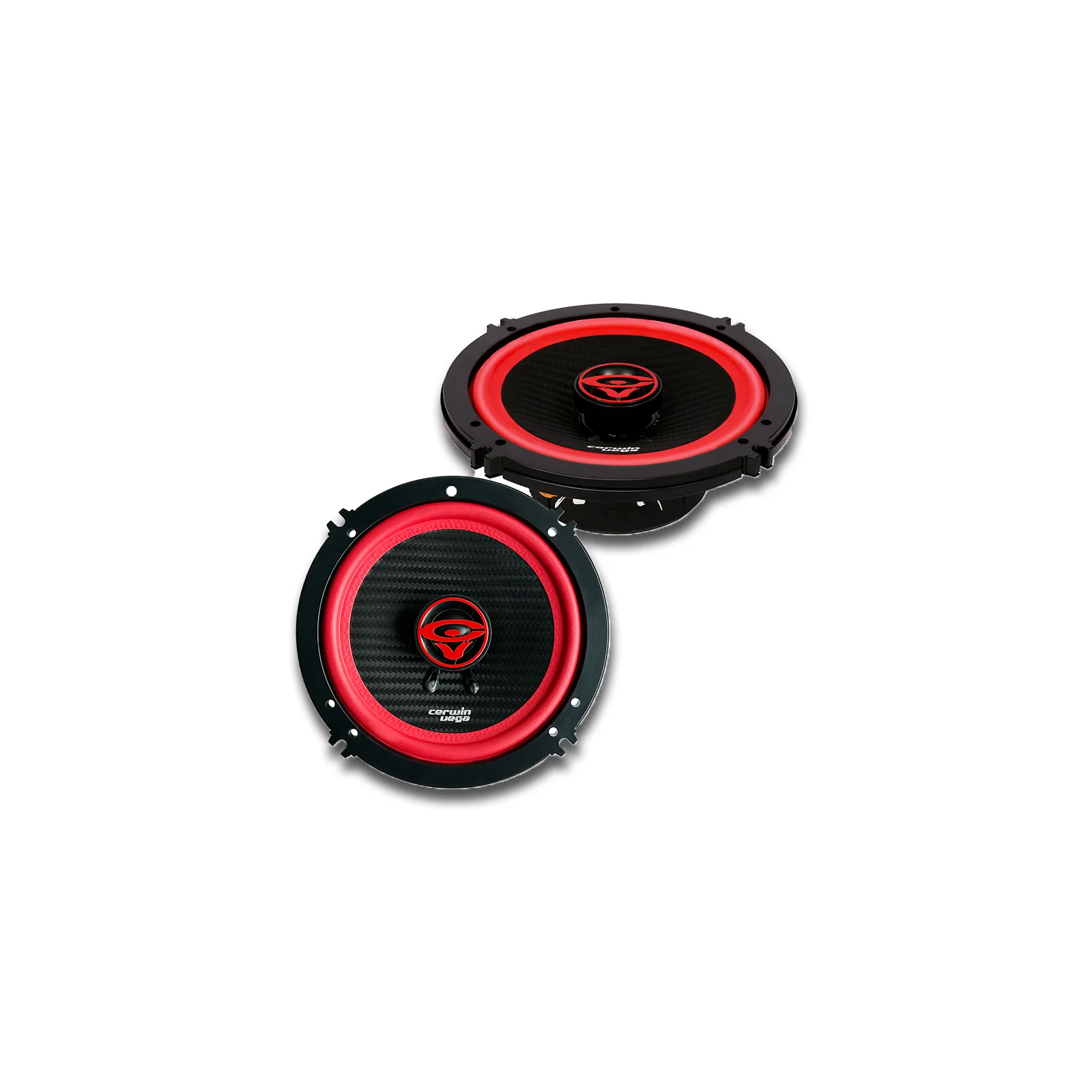 Red and black car audio speakers.