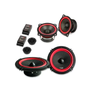 Car audio speakers with red accents.