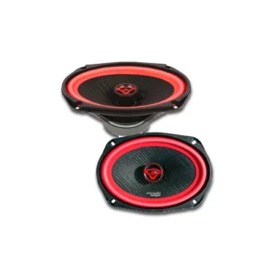 Red and black car audio speakers.