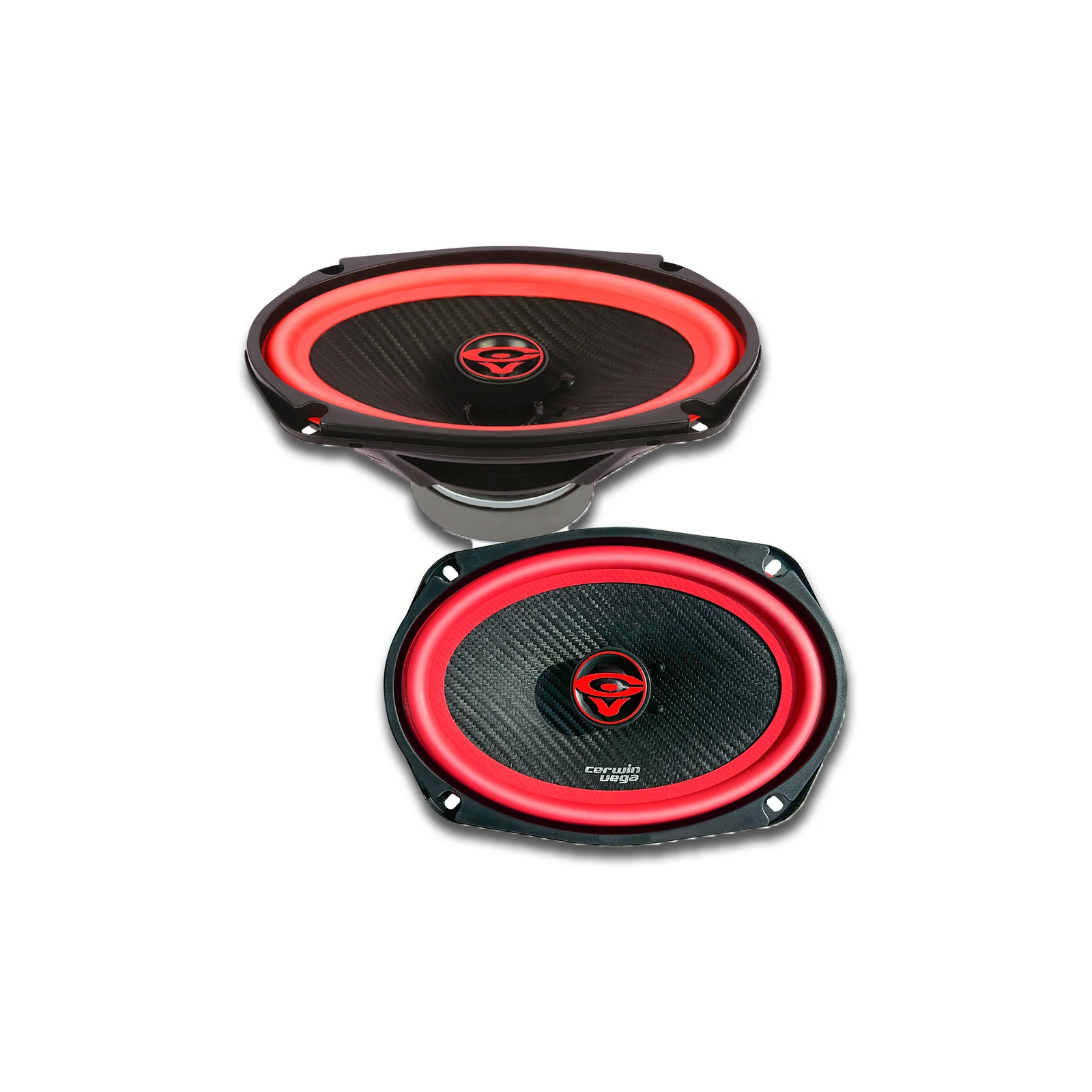 Red and black car audio speakers.