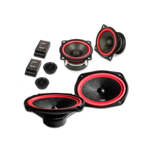 Car audio speaker set with components.