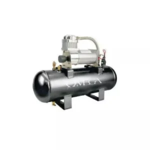Black air compressor with Omega branding.
