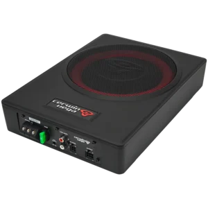 Compact black and red car subwoofer.