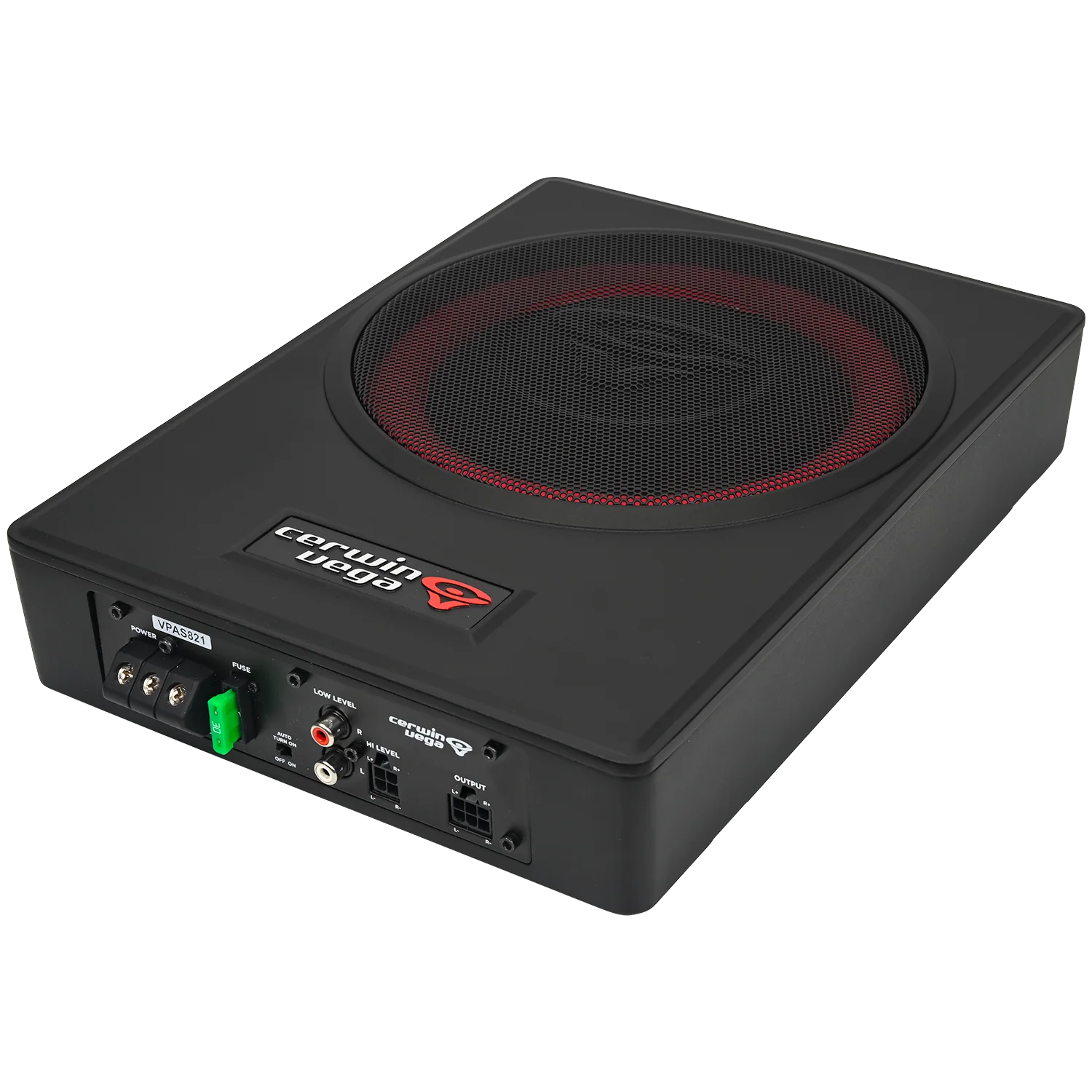 Compact black and red car subwoofer.