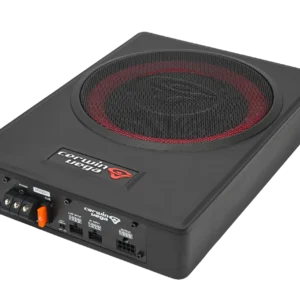 Compact black subwoofer with control panel.