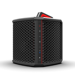 Hexagonal speaker with control buttons, black background.