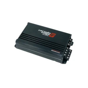 Black car audio amplifier with visible terminals.