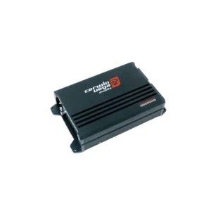 Black car audio amplifier with logo.