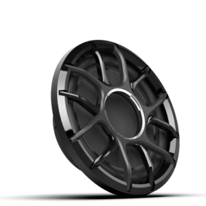 Sleek black alloy wheel on black background.