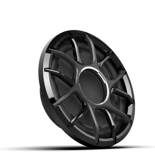 Sleek black alloy wheel on black background.