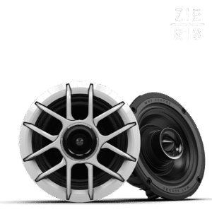 Black and white speakers with intricate design.