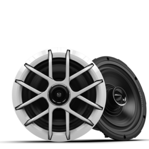 Two stylish car speakers on black background.