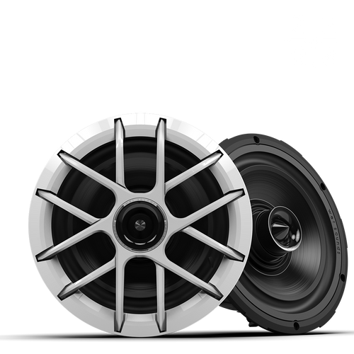 Two stylish car speakers on black background.