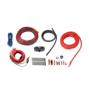 Car audio wiring kit components arranged neatly.
